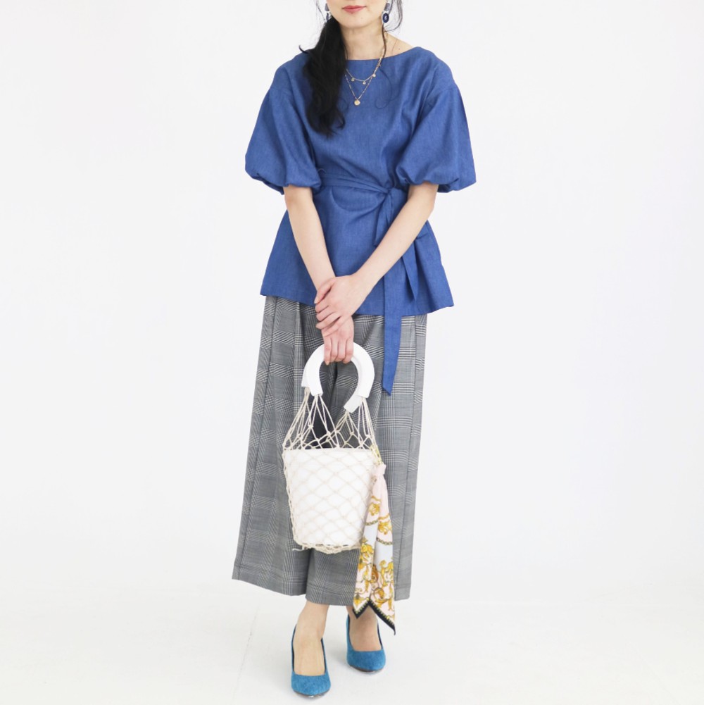 New【デニムカラー】コットンリネンバルーンスリーブリボン付きチュニック❤︎