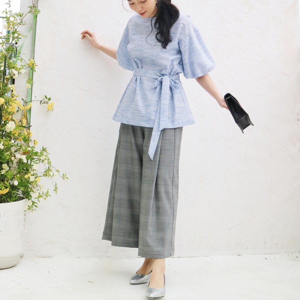 2way【サックスブルー】ラミーリネン65%バルーン袖ベルト付きチュニック☆