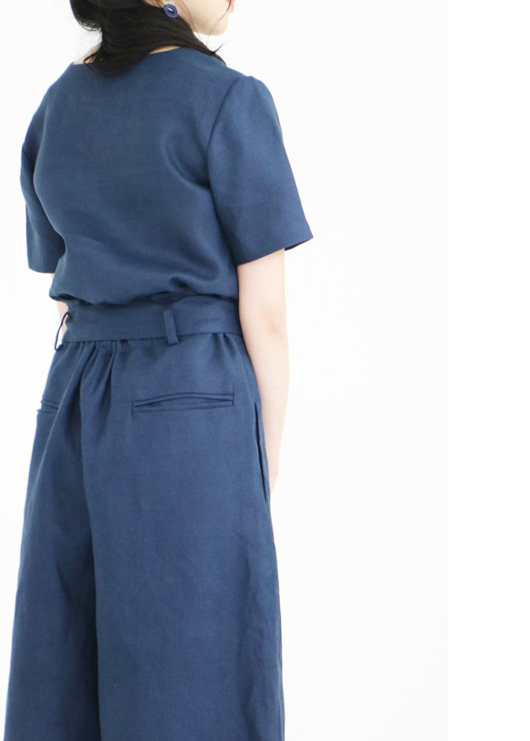 New【濃紺Set】リネン100%Vネックトップス＆ハイウエストリボンワイドパンツ♥ 5枚目の画像
