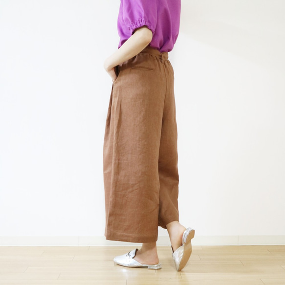 新作【テラコッタブラウン】リネン100%ウエストゴム&サイドファスナー付きワイドパンツ★ 3枚目の画像