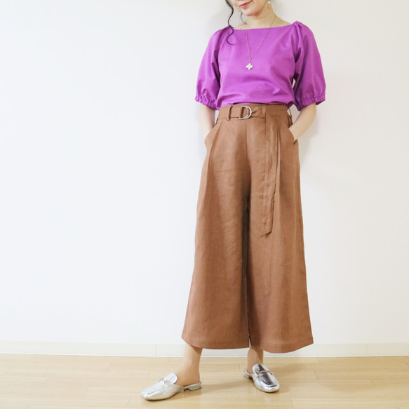 新作【テラコッタブラウン】リネン100%ウエストゴム&サイドファスナー付きワイドパンツ★ 4枚目の画像