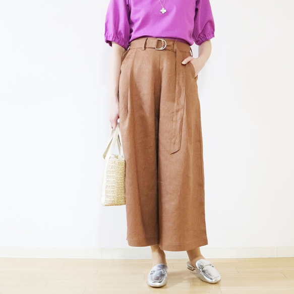 新作【テラコッタブラウン】リネン100%ウエストゴム&サイドファスナー付きワイドパンツ★ 5枚目の画像