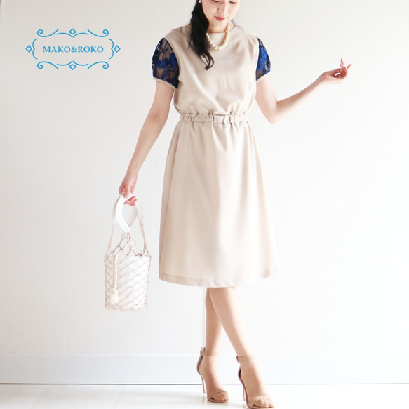 夏季新款【米色】中袖刺繡蕾絲&amp;加厚夏季羊毛腰膠連衣裙♥ 第1張的照片