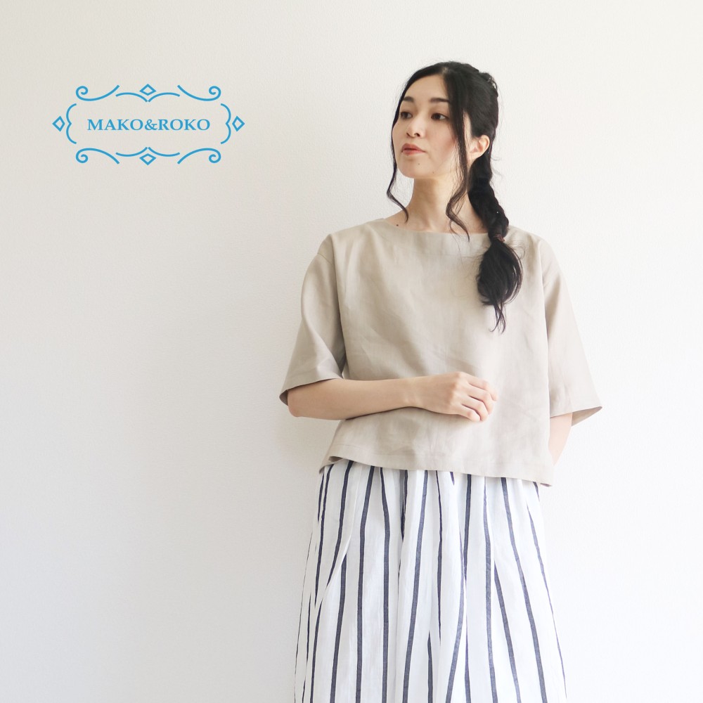 【グレージュ】ひんやりリネン100%ボートネックボックスプルオーバー♥