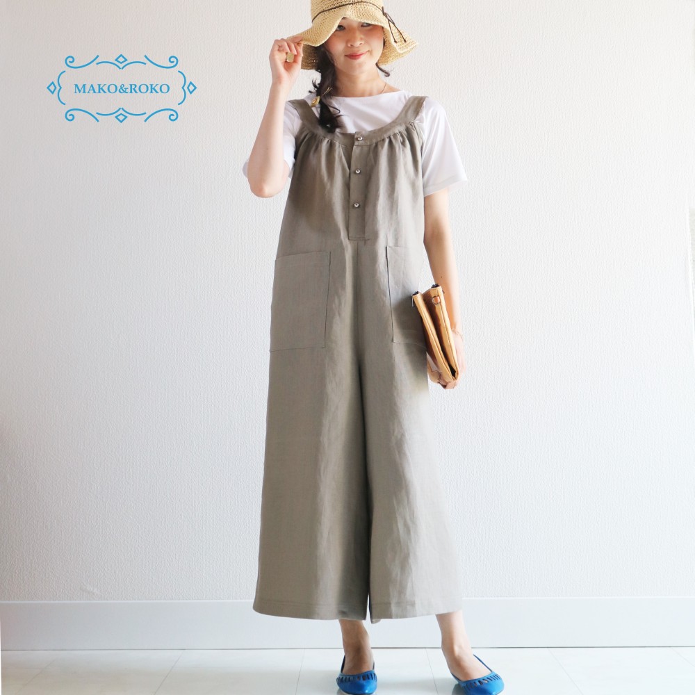 上品【ブラウングレー】高級リネン100%リラックスサロペット♪