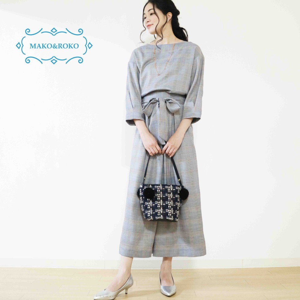 秋トラッド【グレンチェック】変形袖プルオーバー＆後ろゴム入りタックワイドパンツ☆