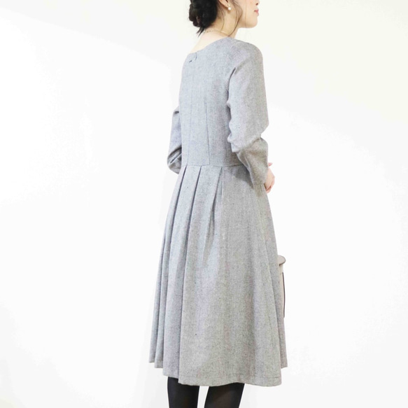 秋冬新品【淺灰色】奢華寬幅人字紋羊毛正裝收腰洋裝♥ 第4張的照片