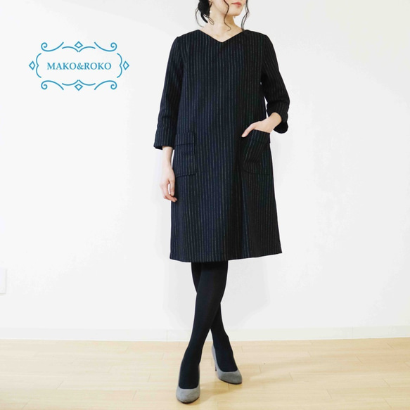 秋冬新款[黑色條紋]羊毛混紡口袋連衣裙♥ 第1張的照片