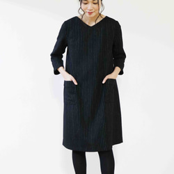 秋冬新款[黑色條紋]羊毛混紡口袋連衣裙♥ 第3張的照片