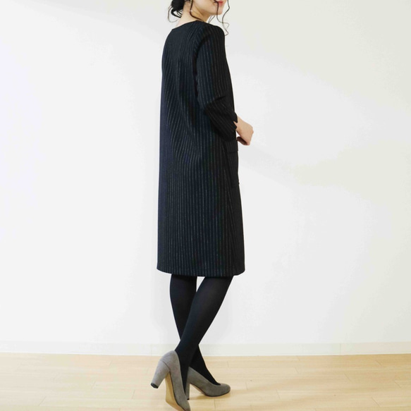 秋冬新款[黑色條紋]羊毛混紡口袋連衣裙♥ 第5張的照片