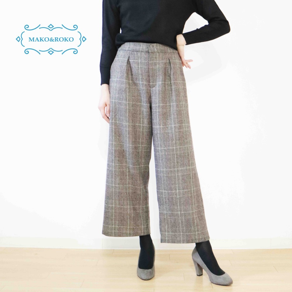 秋冬【グレンチェック】ブラウンベースウール混後ろゴム入りワイドパンツ★