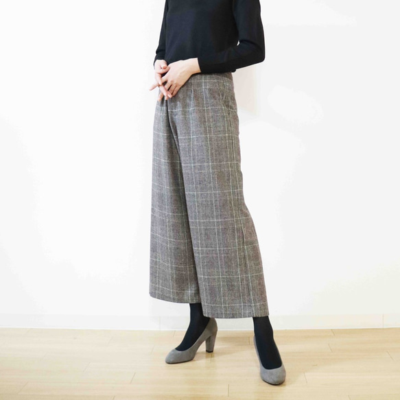 秋冬【格倫格紋】棕色羊毛混紡鬆緊後背闊褲 第2張的照片