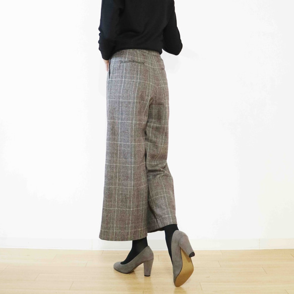 秋冬【格倫格紋】棕色羊毛混紡鬆緊後背闊褲 第4張的照片