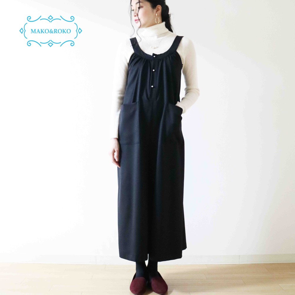 秋冬【ブラック】フォーマルウール混リラックスサロペット♪