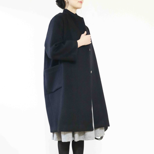 New冬【ブラック】高級ウールスタンドカラーコクーンロング