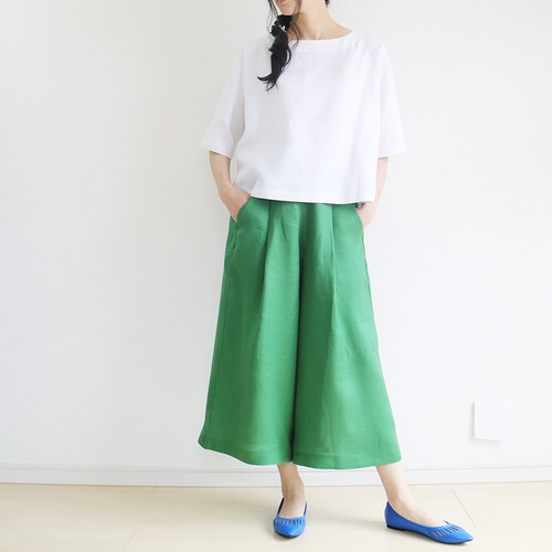 キュロット ワイドパンツ プリーツパンツ リネン パンツ 麻