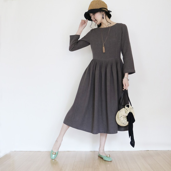 春季秋季【炭灰色】中等厚度柔軟棉麻布料★蓬鬆收腰洋裝☆ 第2張的照片