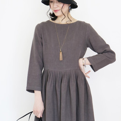 春季秋季【炭灰色】中等厚度柔軟棉麻布料★蓬鬆收腰洋裝☆ 第3張的照片