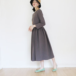 春季秋季【炭灰色】中等厚度柔軟棉麻布料★蓬鬆收腰洋裝☆ 第5張的照片