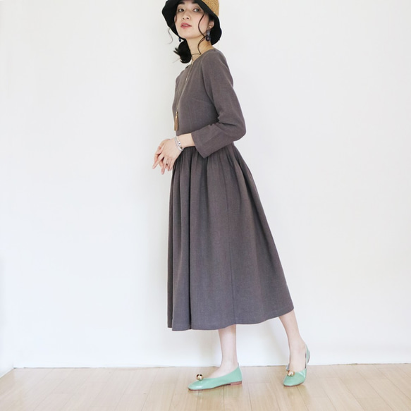 春季秋季【炭灰色】中等厚度柔軟棉麻布料★蓬鬆收腰洋裝☆ 第5張的照片
