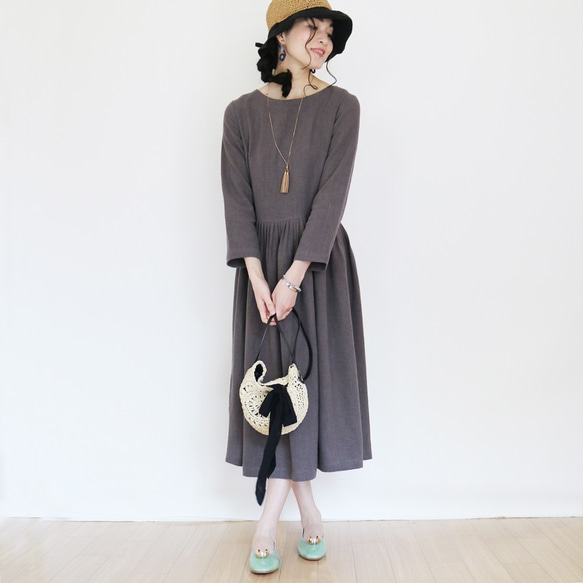 春季秋季【炭灰色】中等厚度柔軟棉麻布料★蓬鬆收腰洋裝☆ 第6張的照片