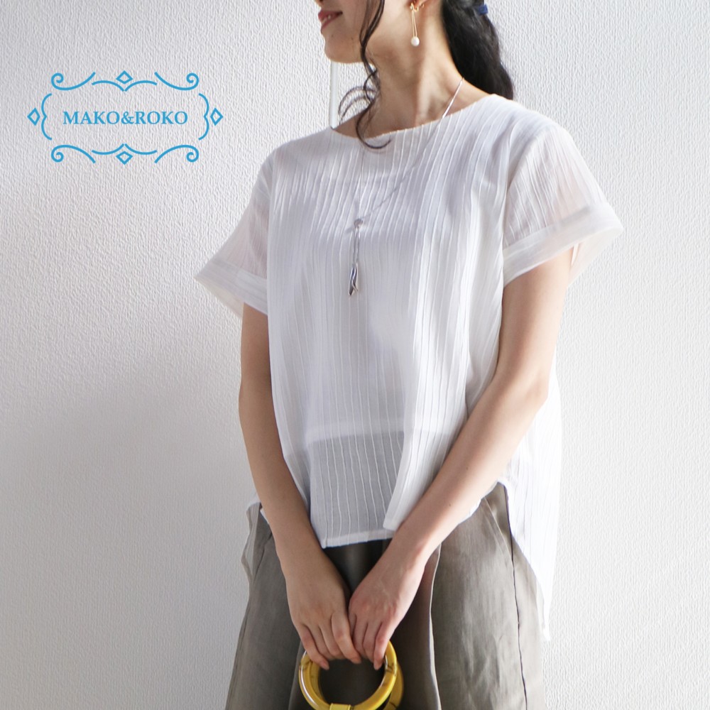 冷感【ストライプ地模様】コットンリネン背中ギャザー寄せ裾ラウンドプルオーバー♥