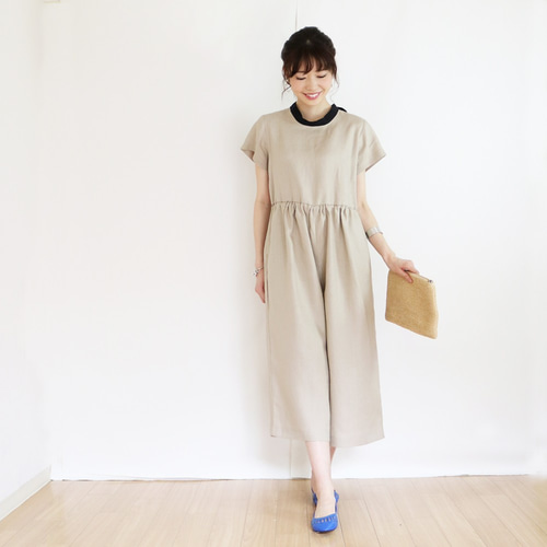 【美品】マイラン バックリボンサロペット リネン100% ピンクベージュ 美品】マイラン バックリボンサロペット リネン100% ピンク