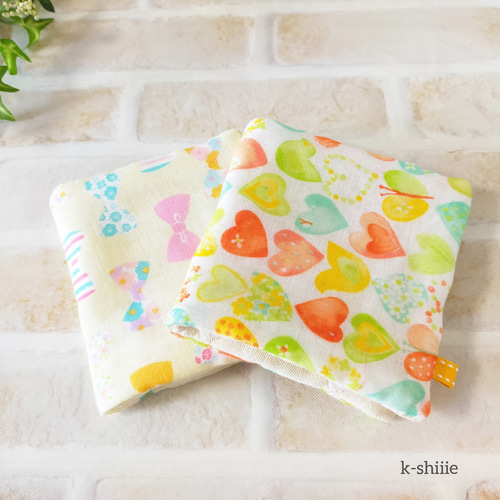 再7*（送料込）2枚セット♡黄色リボンとハート♡8重ｶﾞｰｾﾞふわふわ  