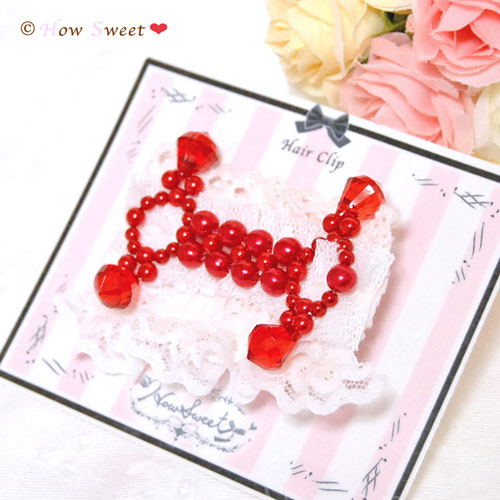 【HowSweet＊】レースとビーズのへクリップ・赤