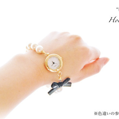 HowSweet＊】パール×リボンの上品でお洒落なブレスレット腕時計［Pink