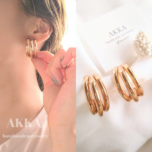 大ぶり3連フープピアス 樹脂イヤリング樹脂ピアスフープイヤリング金属  