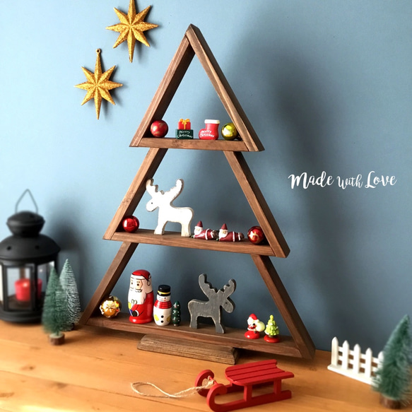 【TREE/スタンドシェルフ】walnut/飾り棚/薄型/クリスマスツリー 2枚目の画像