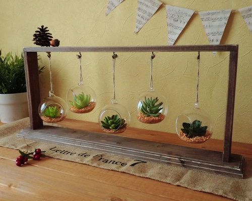 terrarium】ガラスのハンギングプランター付/木製ディスプレイ