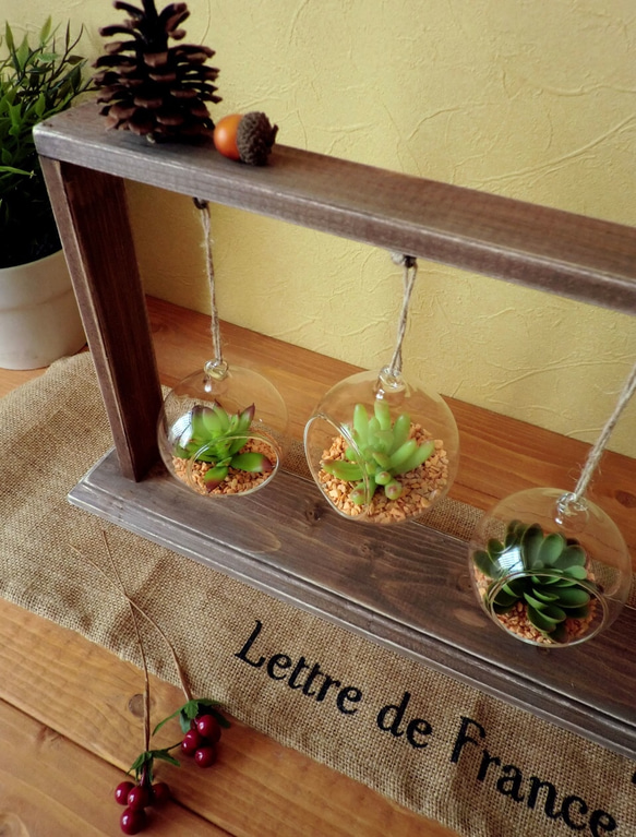 【terrarium】ガラスのハンギングプランター付/木製ディスプレイハンガー 多肉植物 2枚目の画像