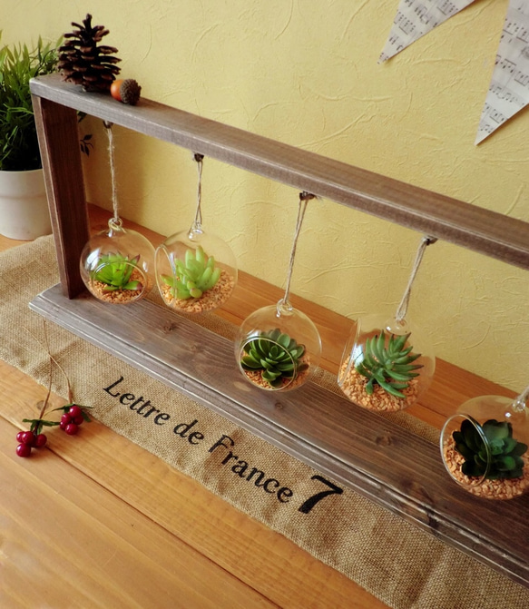 【terrarium】ガラスのハンギングプランター付/木製ディスプレイハンガー 多肉植物 4枚目の画像