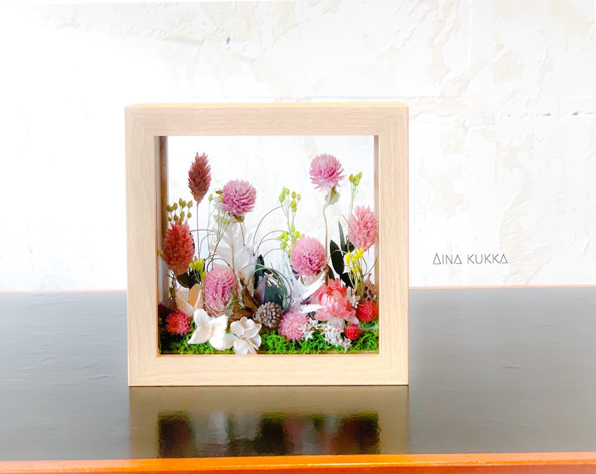《送料無料》[ガラスフレームアレンジ]ナチュラルピンクガーデン/プリザーブド×ドライフラワー