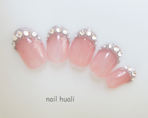 ジェルネイルチップ ストーン敷き詰め ラメフレンチネイルチップ