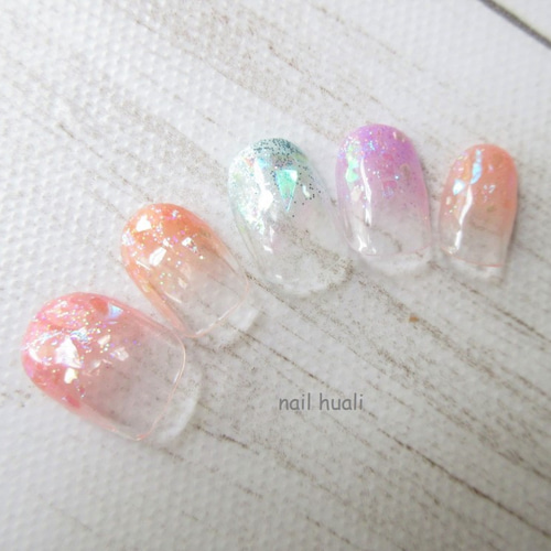 ジェルネイルチップ キラキラ夏カラーグラデーションネイルチップ  