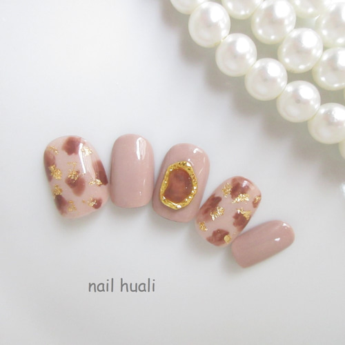 ジェルネイルチップ レオパード×べっ甲パーツ 秋ネイル【メール便送料  