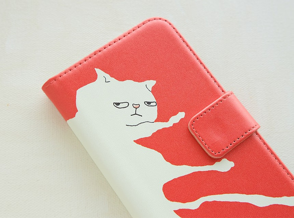 【sold out】 やる気のない猫/赤　手帳型スマホケース 3枚目の画像