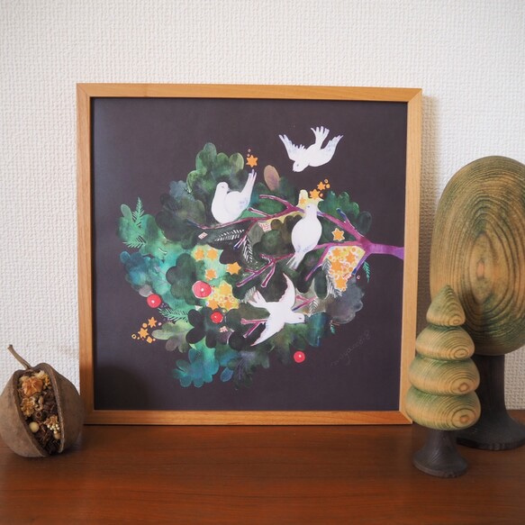 水彩画ポスター(30cm×30cm )「もみの木と鳥」 イラスト miyaco