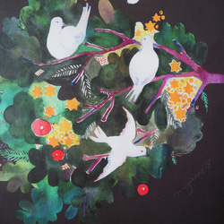 水彩画ポスター(30cm×30cm )「もみの木と鳥」 3枚目の画像