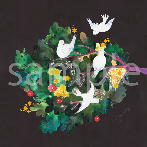 水彩画ポスター(30cm×30cm )「もみの木と鳥」 イラスト miyaco