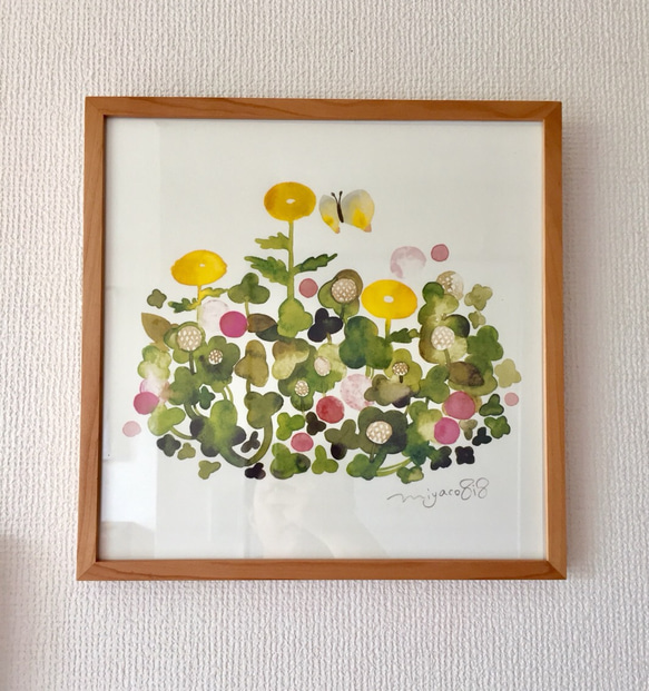 あ絵30*30cm 額付】30cm 水彩画ポスター 「シロツメクサ」 絵画 miyaco