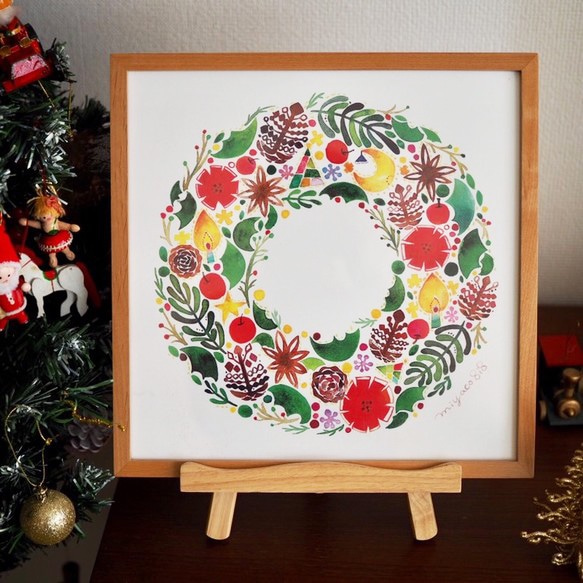 水彩画ポスター(30cm×30cm)「クリスマスリース」 絵画 miyaco nishio