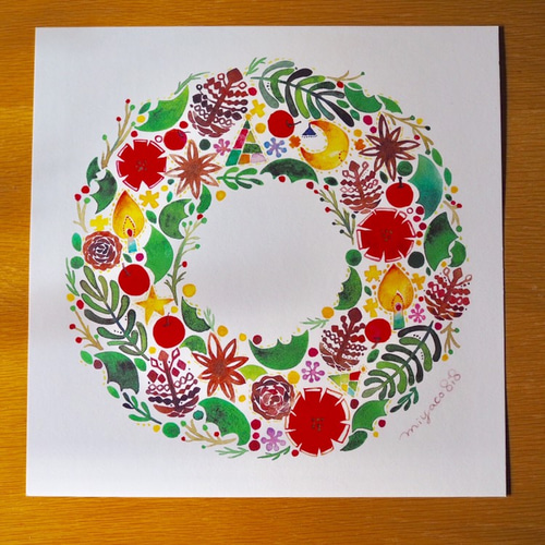 水彩画ポスター(30cm×30cm)「クリスマスリース」 絵画 miyaco nishio