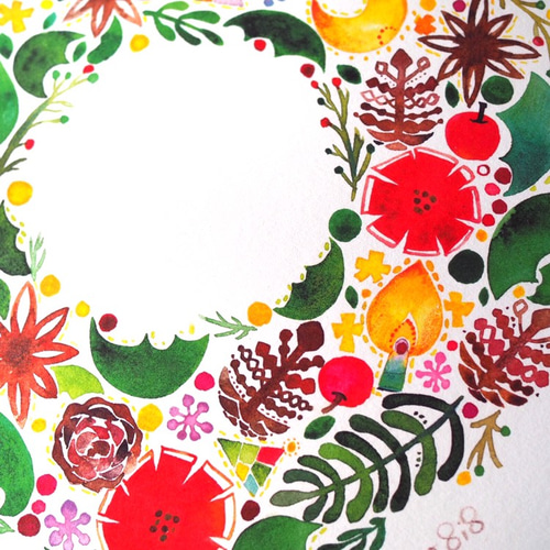 水彩画ポスター(30cm×30cm)「クリスマスリース」 絵画 miyaco nishio
