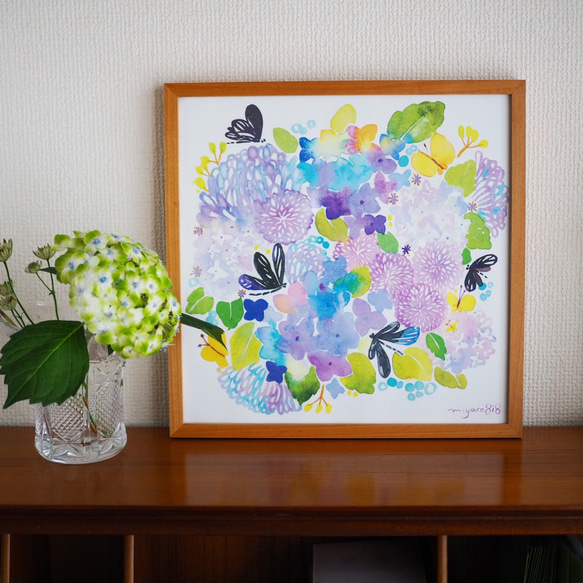 水彩画ポスター(30cm×30cm )「ハグロトンボと紫陽花」 1枚目の画像