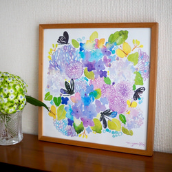 水彩画ポスター(30cm×30cm )「ハグロトンボと紫陽花」 2枚目の画像