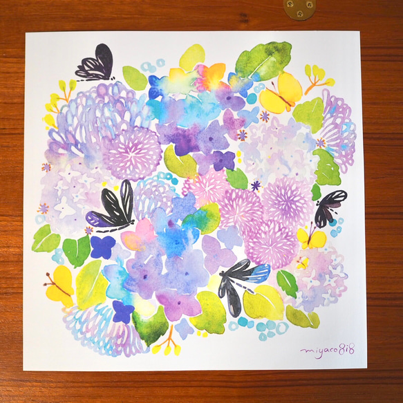 水彩画ポスター(30cm×30cm )「ハグロトンボと紫陽花」 4枚目の画像